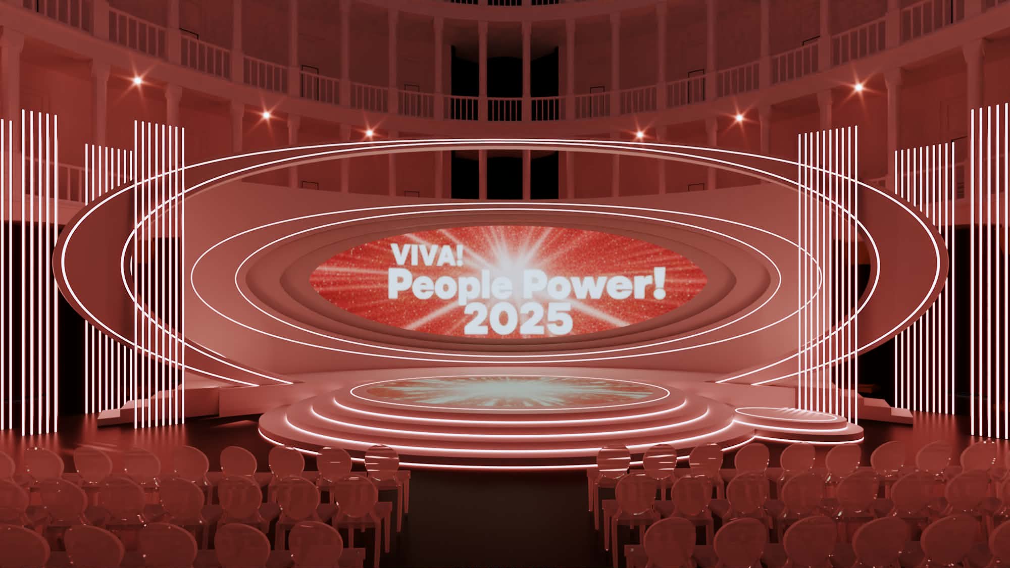 Scena telewizyjna Viva People Power 2025 w czerwonej tonacji z owalnym ekranem LED i podium